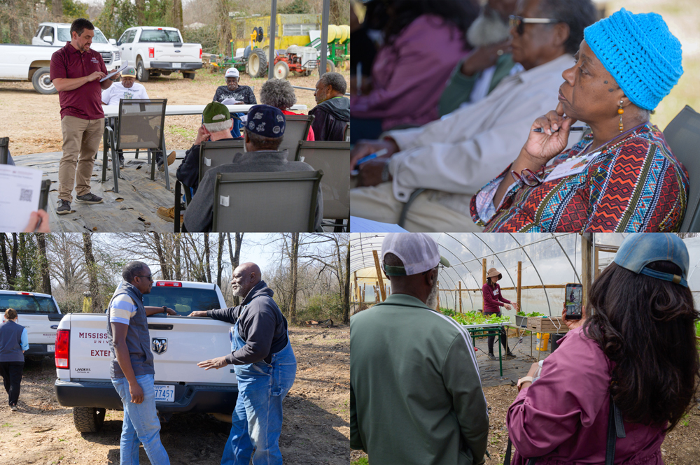 Image 1 shows a person speaking to a crowd of seated people. Image 2 shows a person with a thoughtful expression. Image 3 shows two people standing in front of a truck and talking. Image 4 shows a person recording a presenter motioning toward a hydroponic plant display.