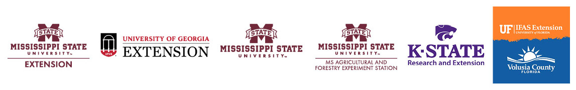 Six logos. Mississippi State University Extension, University of Georgia Extension, Mississippi State University, Mississippi Agricultural and Forestry Experiment Station, K-State Research and Extension, IFAS Extension University of Florida.