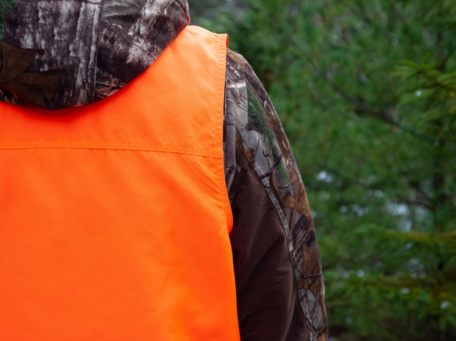 The back of a hunter wearing a camouflage jacket and an orange hunting vest