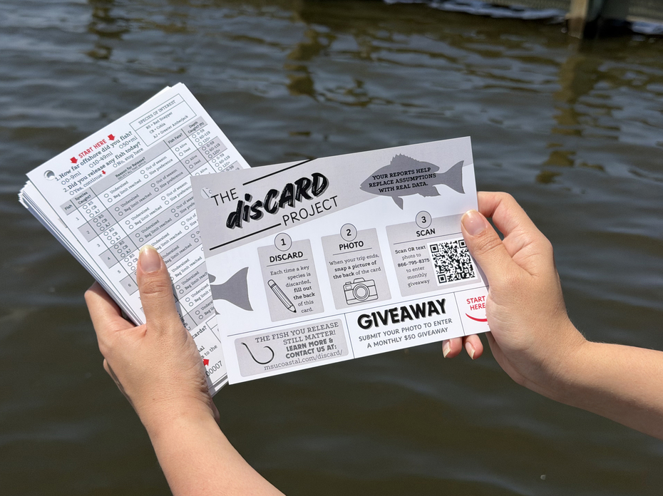 Hands holding project survey cards and an instructional card with a QR code near a dock.