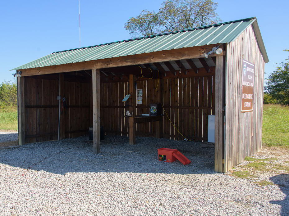 An open wooden shed houses miscellaneous items.