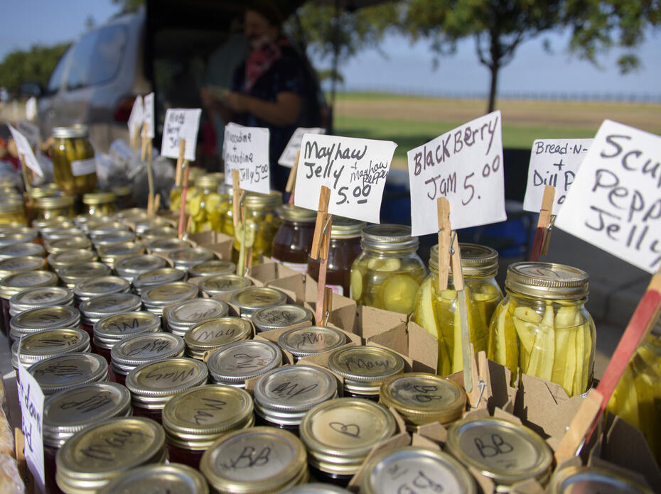 Glass jars filled with produce are lined up with price tags.