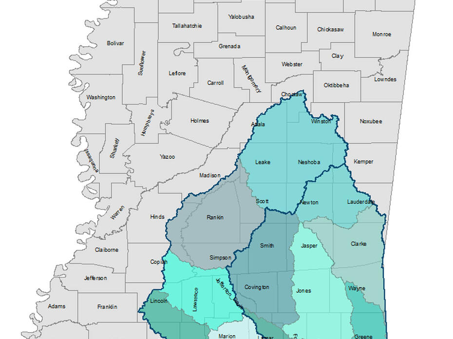 A map of the state of Mississippi with subbasins of the Mississippi Sound watershed highlighted in various shades of blue.