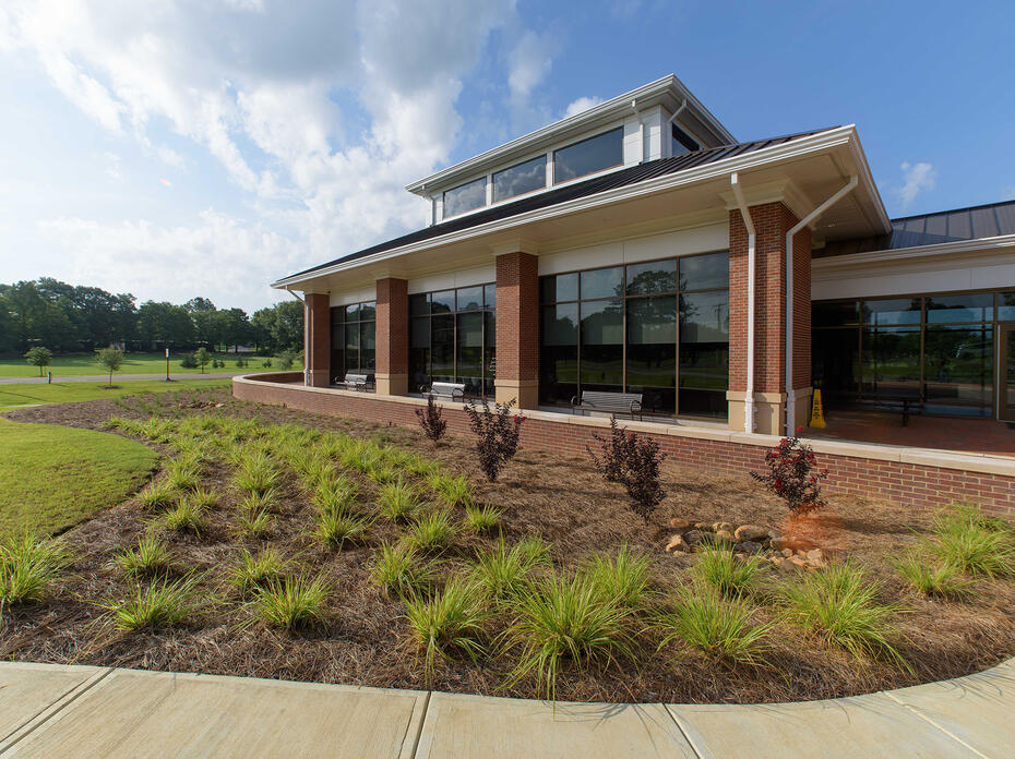 Grasses and small bushes adorn a landscape bed in front of a building.