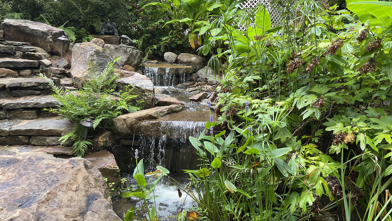 A small waterfall runs between stone steps and a lush landscape.