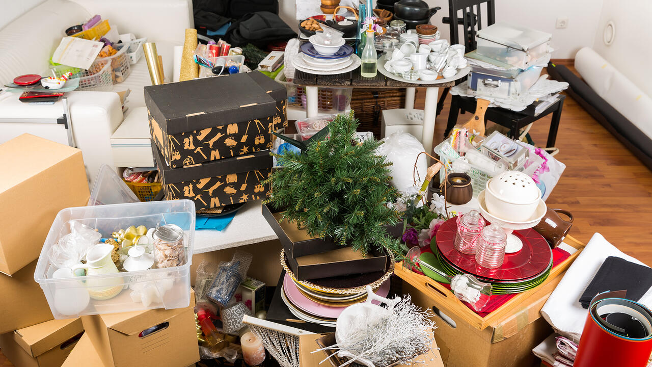 Clutter fills a room.