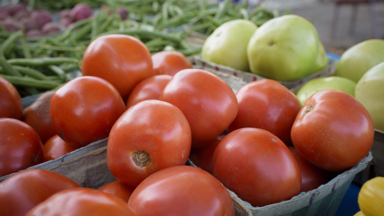 Produce is displayed on a table.