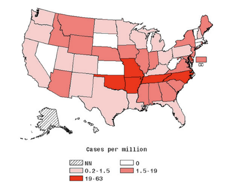 Map of the United States showing reported cases of Rocky Mountain spotted fever, with higher concentrations highlighted in the southeastern and south-central regions, indicating where the disease is most common.