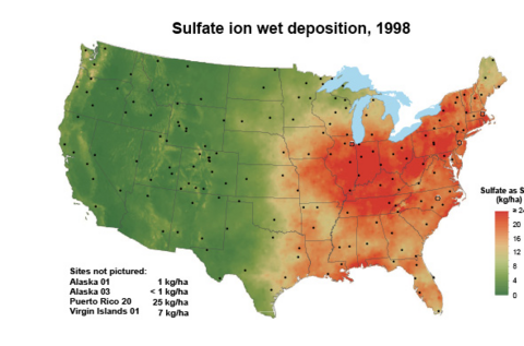 Map of the United States showing sulfur deposition levels in 1998. Much of the eastern United States is shaded in moderate to high deposition levels, indicating widespread atmospheric sulfur inputs, with the highest concentrations concentrated in the Ohio Valley and northeastern regions.