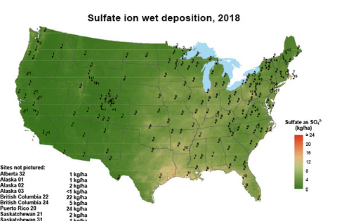 Map of the United States showing sulfur deposition levels in 2018. Most of the country is shaded in low sulfur deposition levels, demonstrating a major reduction in atmospheric sulfur inputs compared to 1998, with only small areas of moderate deposition remaining.