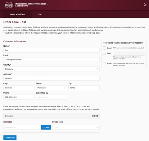 Screenshot Soil Test Order Form