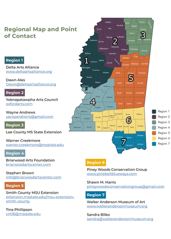 A map of the state has contact information for seven regions. For information on your region, contact Erin Wallace at 662-251-2921 or email ecw305@msstate.edu.