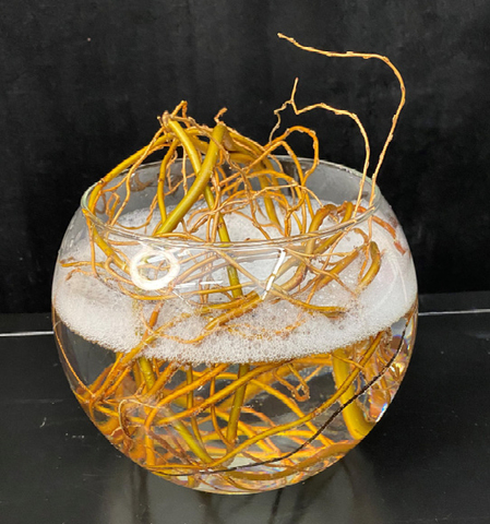 A glass bowl filled with sudsy liquid and willow stems.