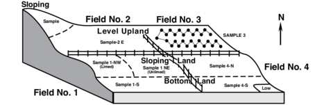 Illustration of fields divided into separate soil sampling areas based on soil type, landscape position, and management differences.