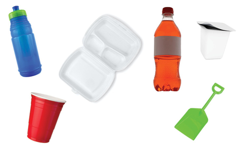 Group of images of plastic items, including a reusable water bottle, a red disposable cup, a yogurt container, a beach toy shovel, a soda bottle, and a take-out container.