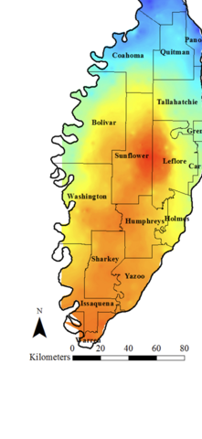 Map of the Mississippi Delta showing ground water levels: the highest levels are in the north, while the lowest are in the center and south.
