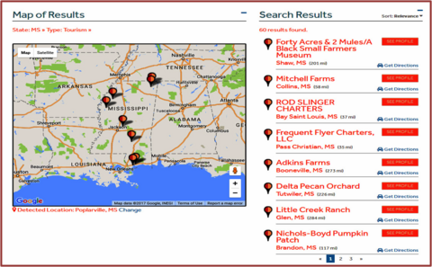 Figure 1. Online database and map of Mississippi tourism businesses generated by Search.