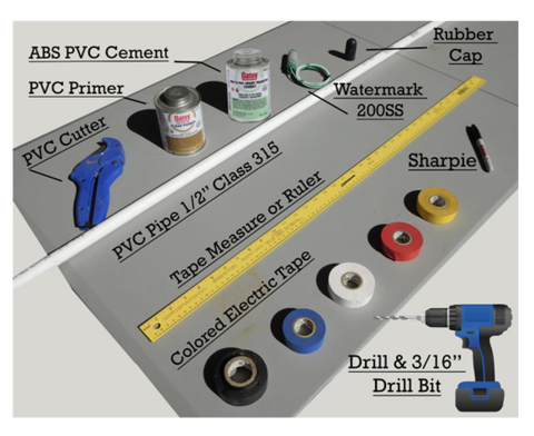 Tools and supplies needed: PVC cutter, PVC primer, ABS PVC cement, Watermark 200SS, rubber cap, half-inch class 315 PVC pipe, tape measure or ruler, five colors of electric tape, Sharpie, drill and three-sixteenths-inch drill bit.