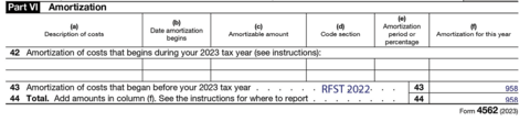 Part VI Amortization (2023) sample IRS tax form with lines 43 and 44 both showing $958. A note indicates "RFST 2022."