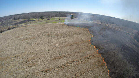 A brown pasture with the far right side burning.
