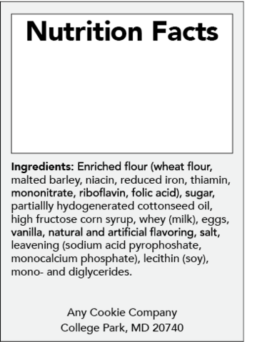 Example nutrition facts label for Option 1 with an ingredients list but no "contains" statement.