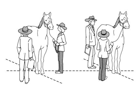 Two illustrations of the proper placement of horse, owner, and judge in the ring. 