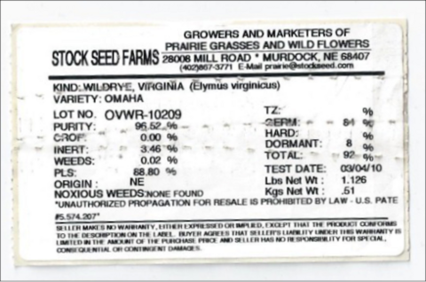 Sample seed lable with the information needed to calculate the pure live seed.