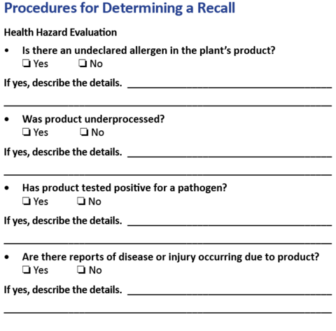 Sample Procedures for Determining a Recall document. Includes questions that evaluate the health hazards associated with the incident. 