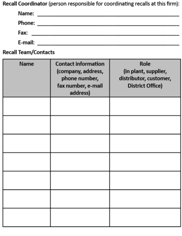 Sample form to complete for recall coordinator and team contact information and roles. 