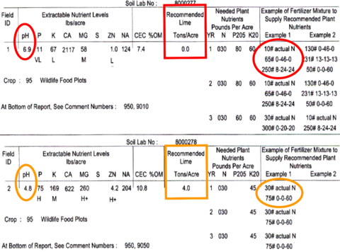 A soil report showing recommendations for two food plots. One has a pH of 6.9 and needs no lime. The other has a pH of 4.8 and needs 4 tons per acre of lime.