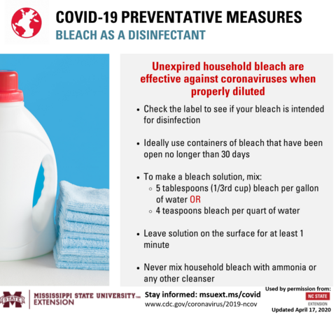 Information on how to use bleach as a disinfectant.