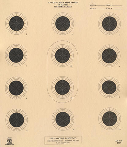 National Rifle Association 10 meter Air Pistol Target with 12 targets and two of them enclosed in an oval with SS labeled on them, all of which have three larger white outer circles and six smaller inner black circles.