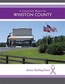Advertisement for 'Seniors Tackling Cancer' with a water wheel in the background and three flags are flying beside it just above bushes.